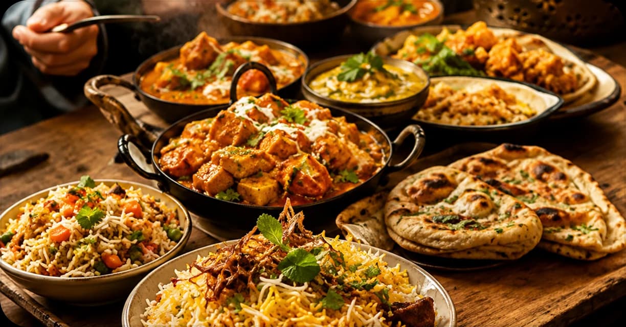 A table spread of biryani, paneer, and naan